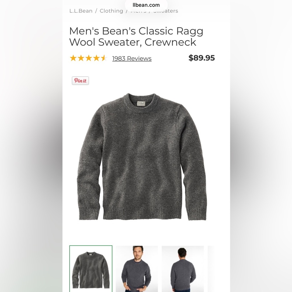 L.L. Bean Men's Classic Ragg Wool Crewneck Sweater, Charcoal - Picture 5 of 5